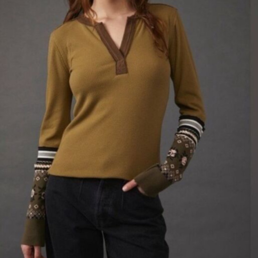 Free People Olive and Brown Patterned Long Sleeve Top - Picture 3 of 12